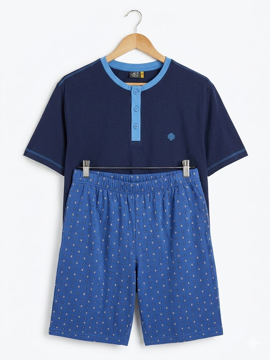 Jet men's rectangular round neck pajama set with half sleeves and shorts, ideal for summer 2026.