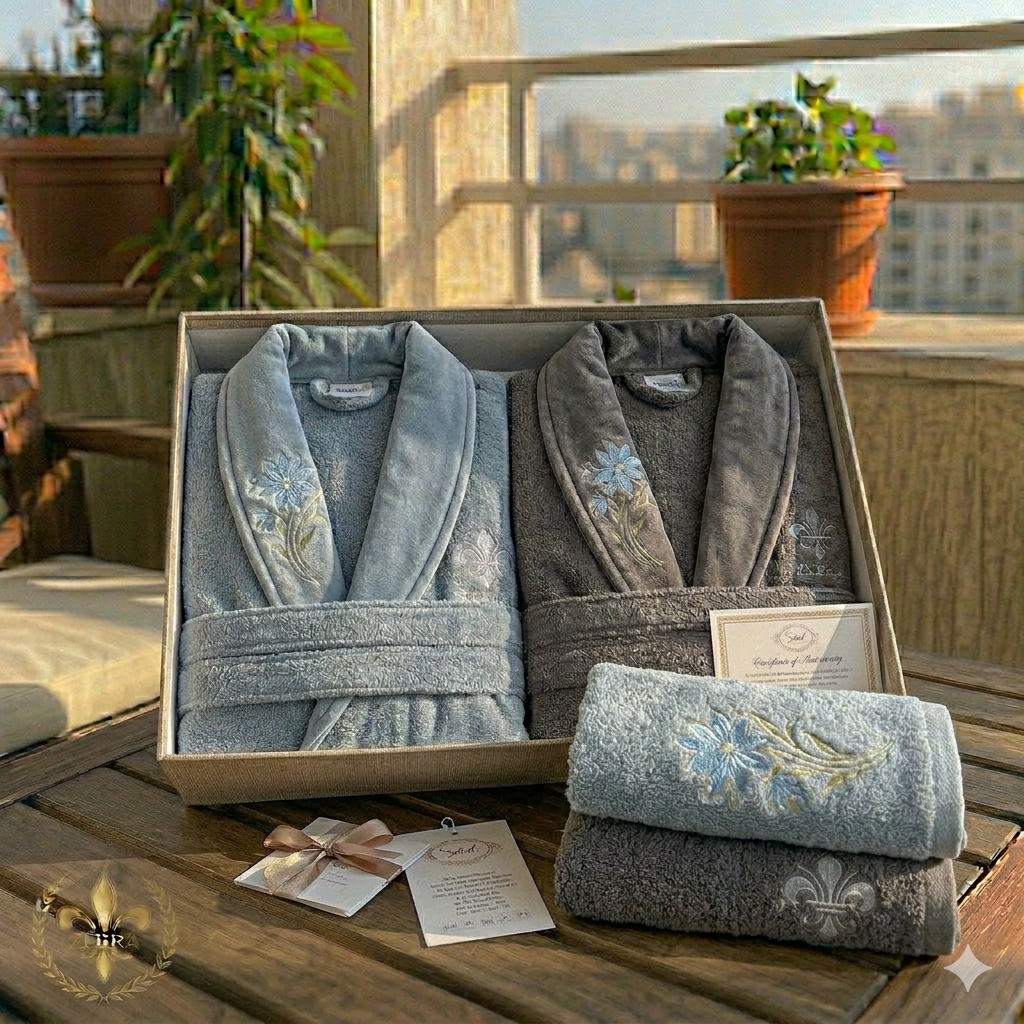 Bambu Burns Dante Bathrobe Set – 6 Pieces (2 Robes, 2 Belts, 2 Bath Towels)