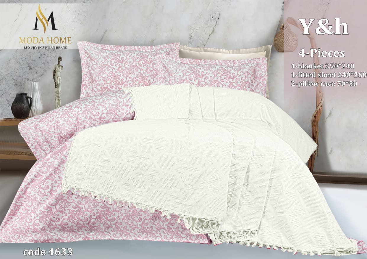 MODA HOME 4-piece coverlet and sheet set in size 240x260 cm, featuring soft fabric and a stylish design for bedroom decor.