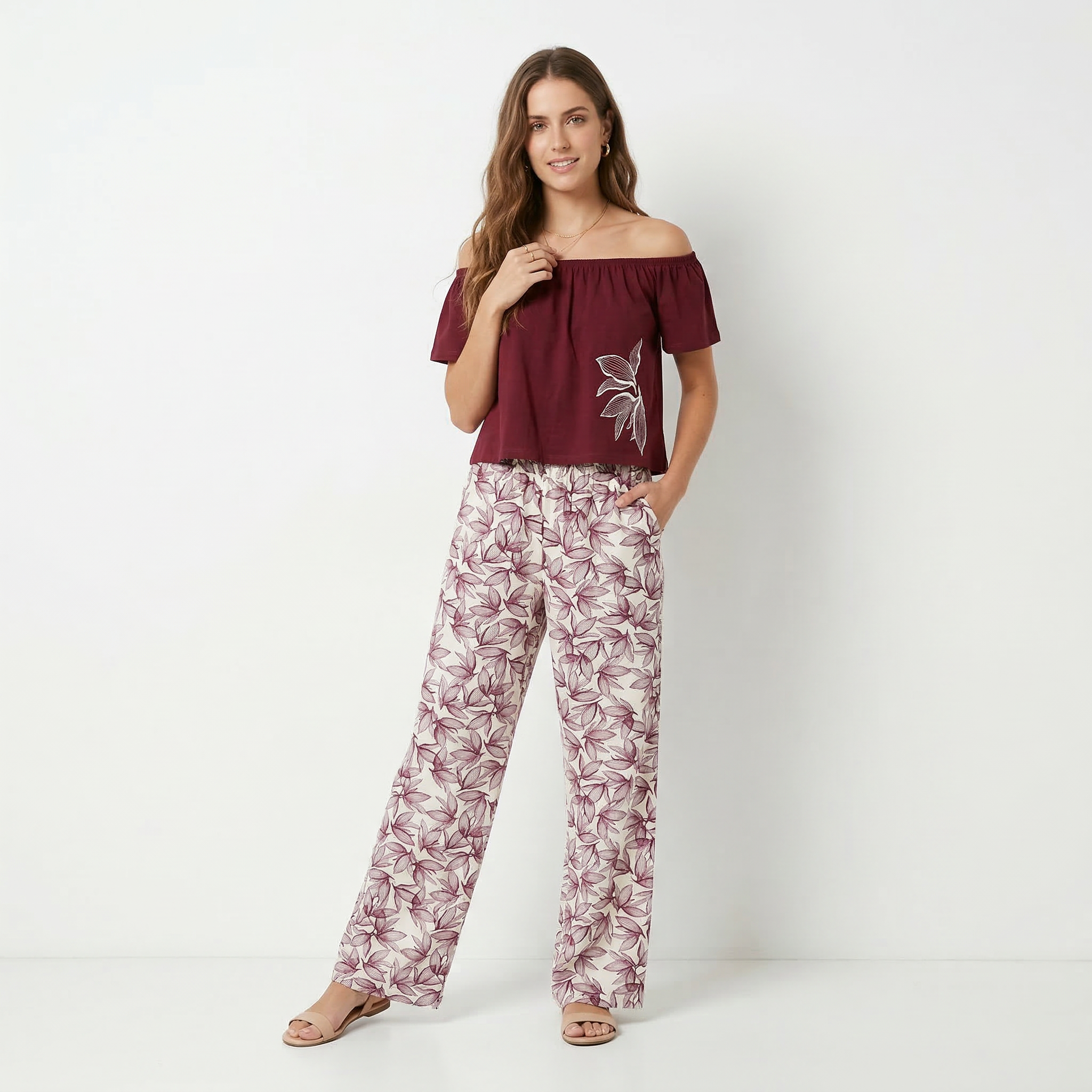 Pistache Flower R.Neck Pajama top with floral print and round neckline, soft fabric ideal for comfortable sleepwear.