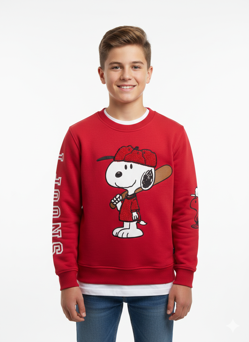 Marvy Snoopy R. Neck sweatshirt featuring a graphic of Snoopy from the Peanuts comic on a casual, comfortable gray sweatshirt.