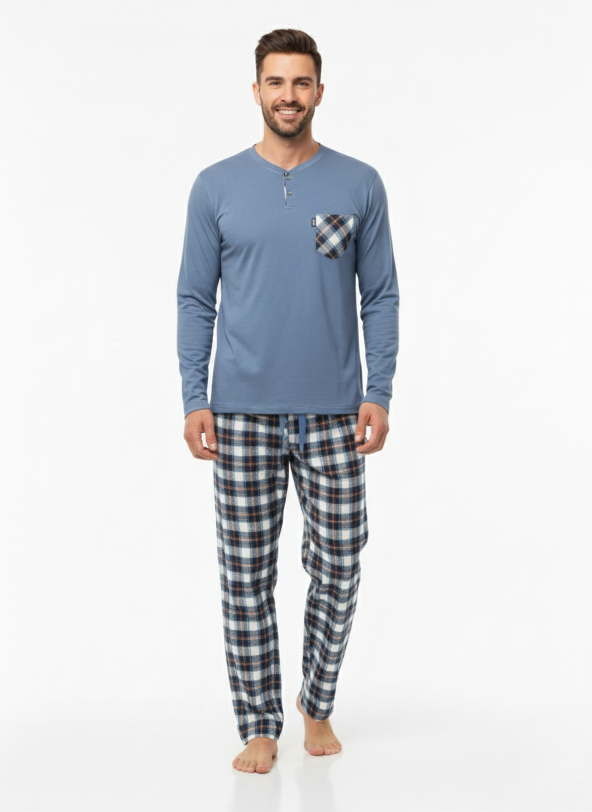 Gijet basic women's navy blue neck and buttons pajama set with long sleeves and comfortable fabric.