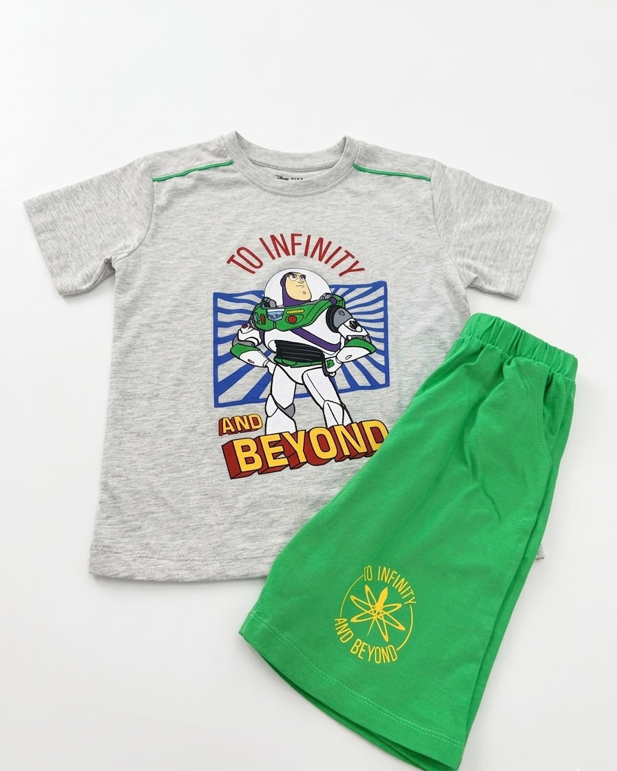 Morinella Toy Story boys' summer pajama set with half sleeve top and shorts featuring colorful Toy Story characters.