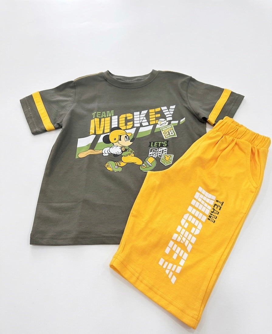 Morinella Mickey Mouse boys' summer pajama set with half sleeves and shorts, featuring a playful Mickey design.