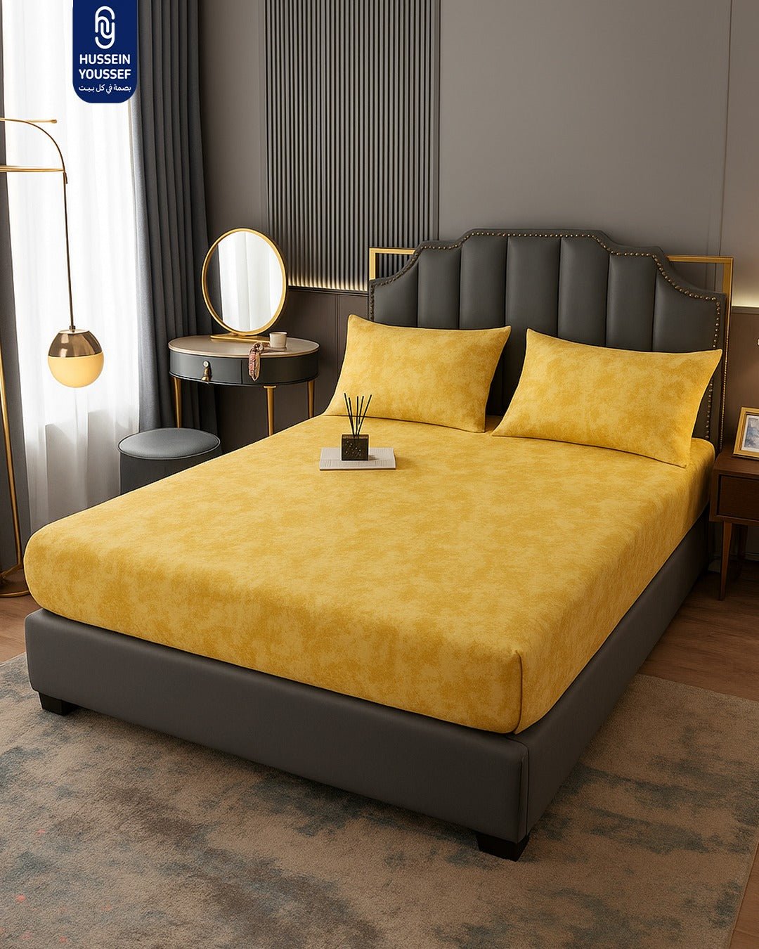MODA HOME gold elastic bedsheet set with 3 pieces, featuring a 180cm fitted sheet and matching pillowcases on a bed.