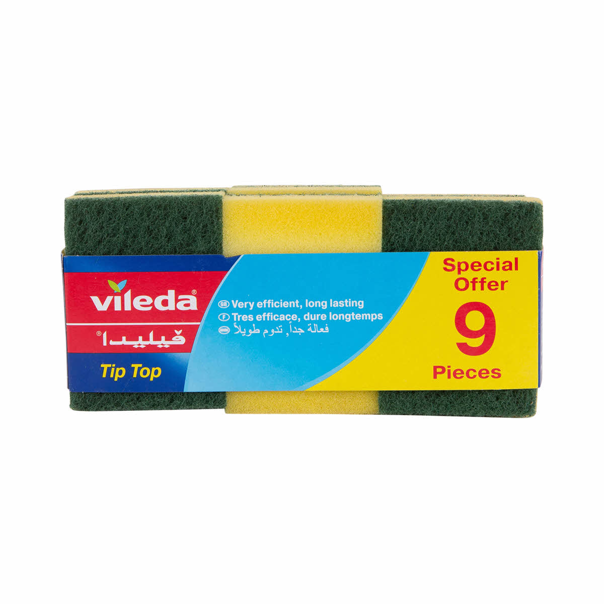 Vileda 9-piece cleaning sponge set with durable, multi-purpose sponges for kitchen and household cleaning tasks.