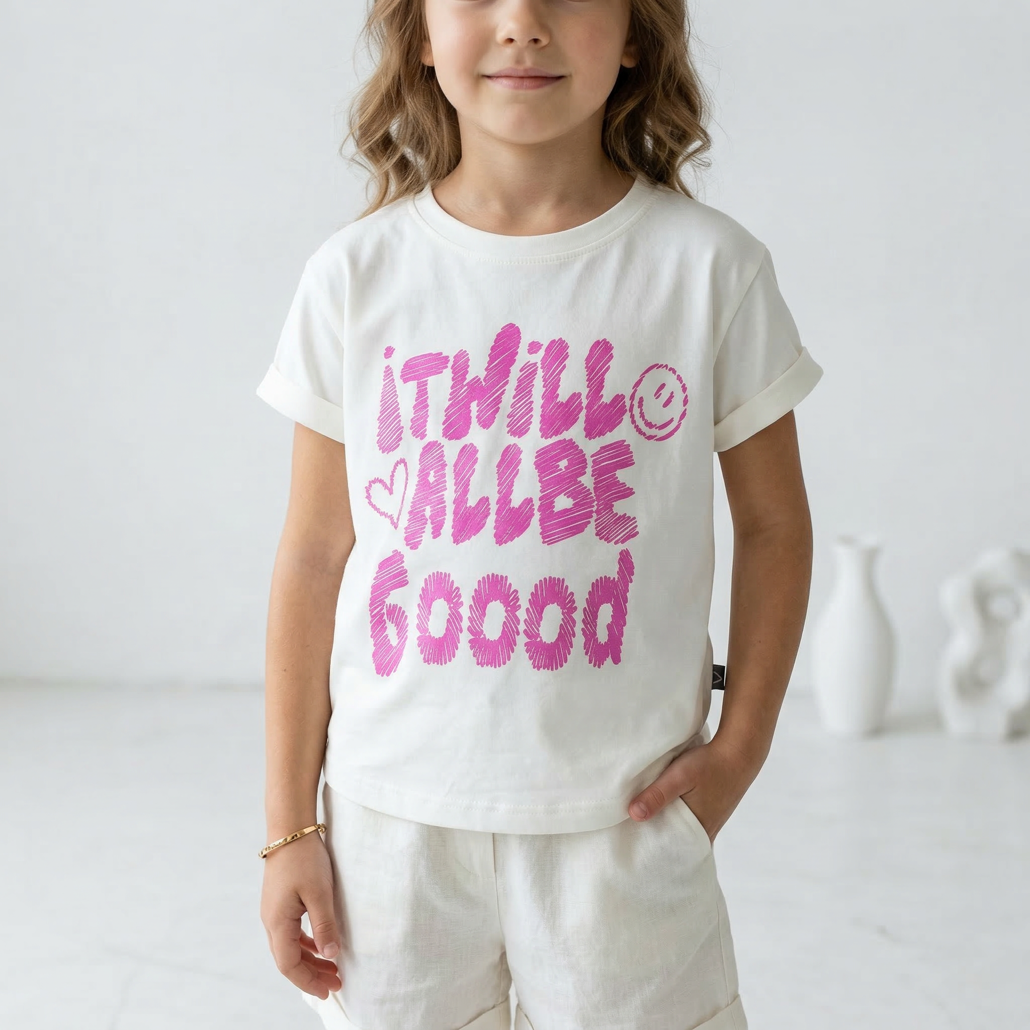 Angel I WILL BE T-shirt featuring bold black lettering on a white cotton t-shirt for casual wear and statement style.