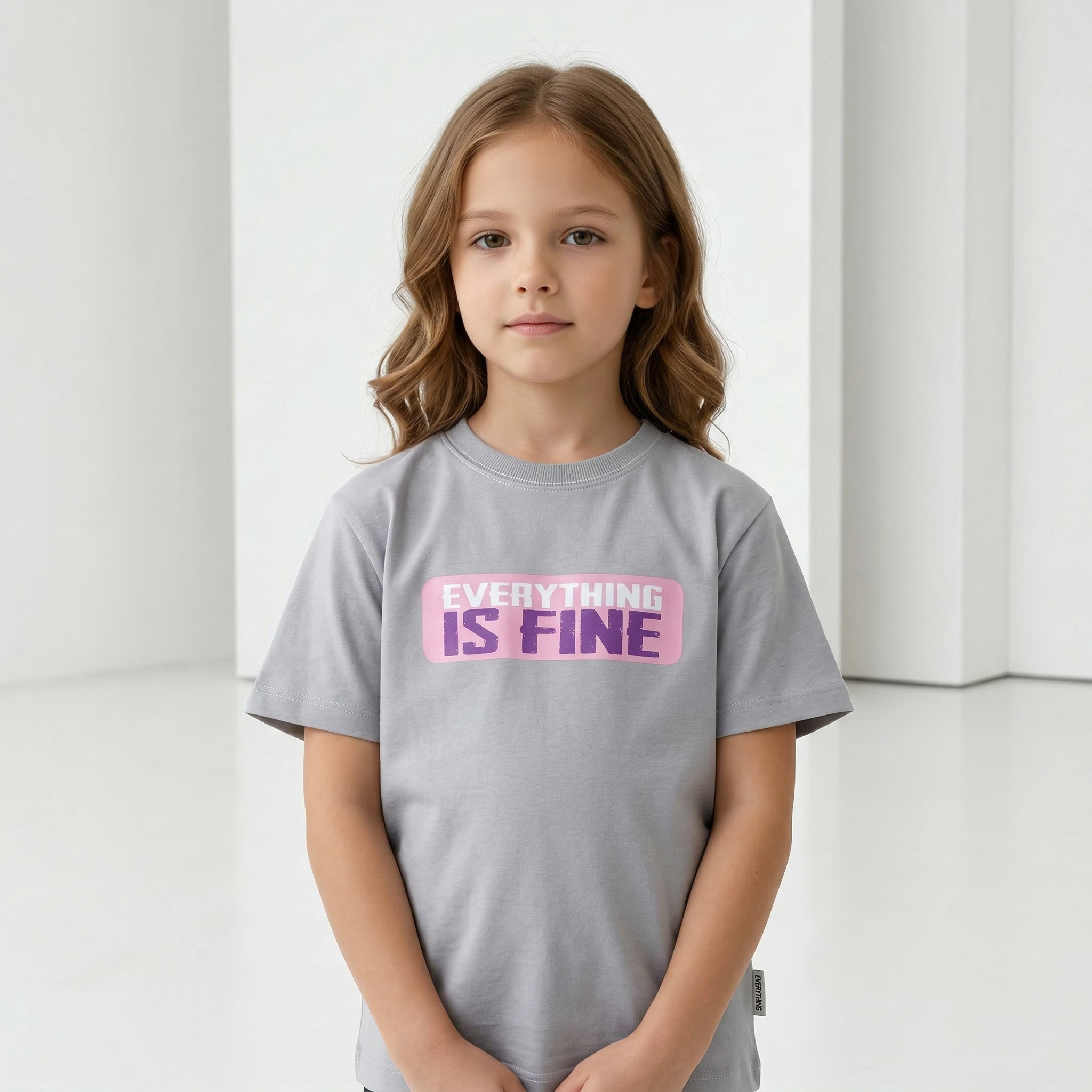 Angel Everything Fine T-shirt, gray casual tee with printed slogan, soft cotton fabric, front view.