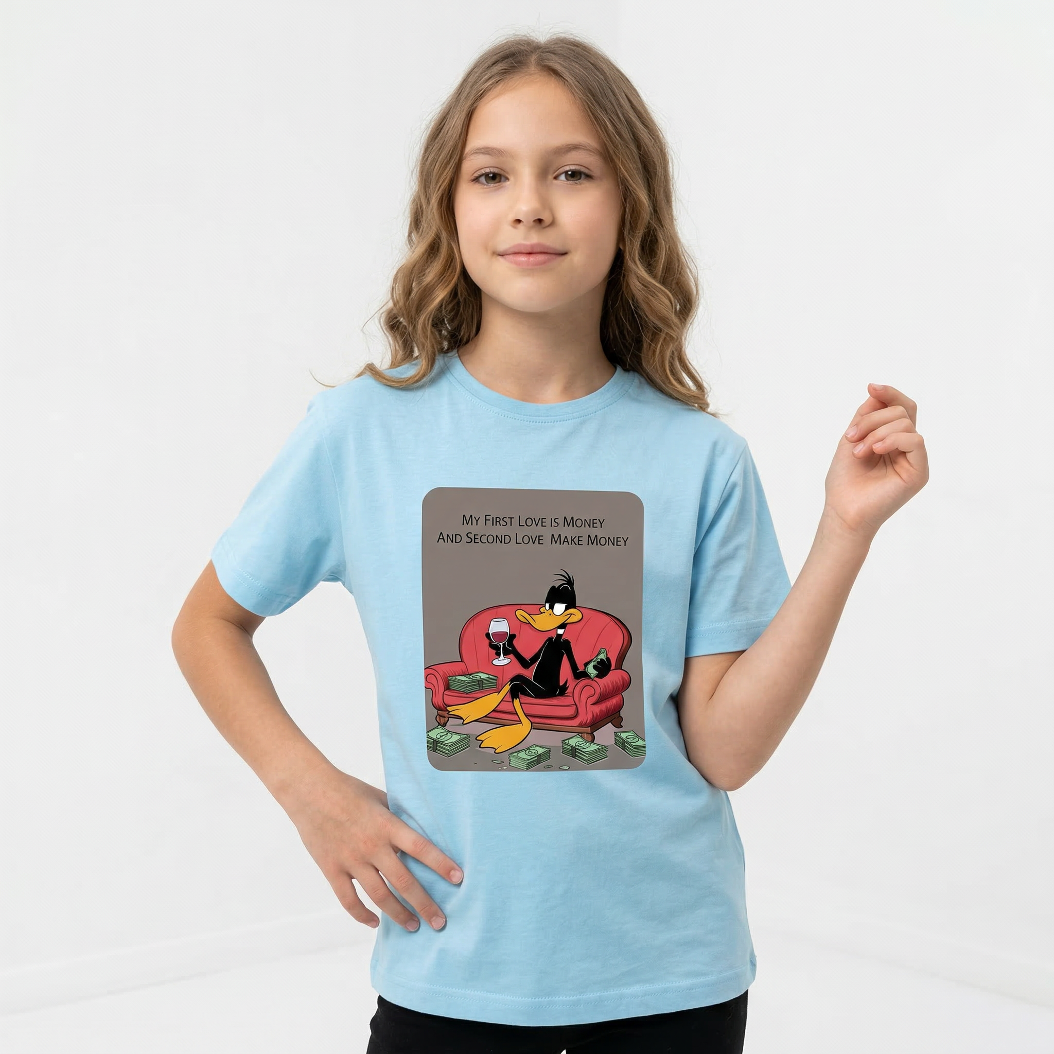 Angel LOVE MONEY T-shirt featuring a bold printed design on soft cotton fabric, casual and stylish for everyday wear.