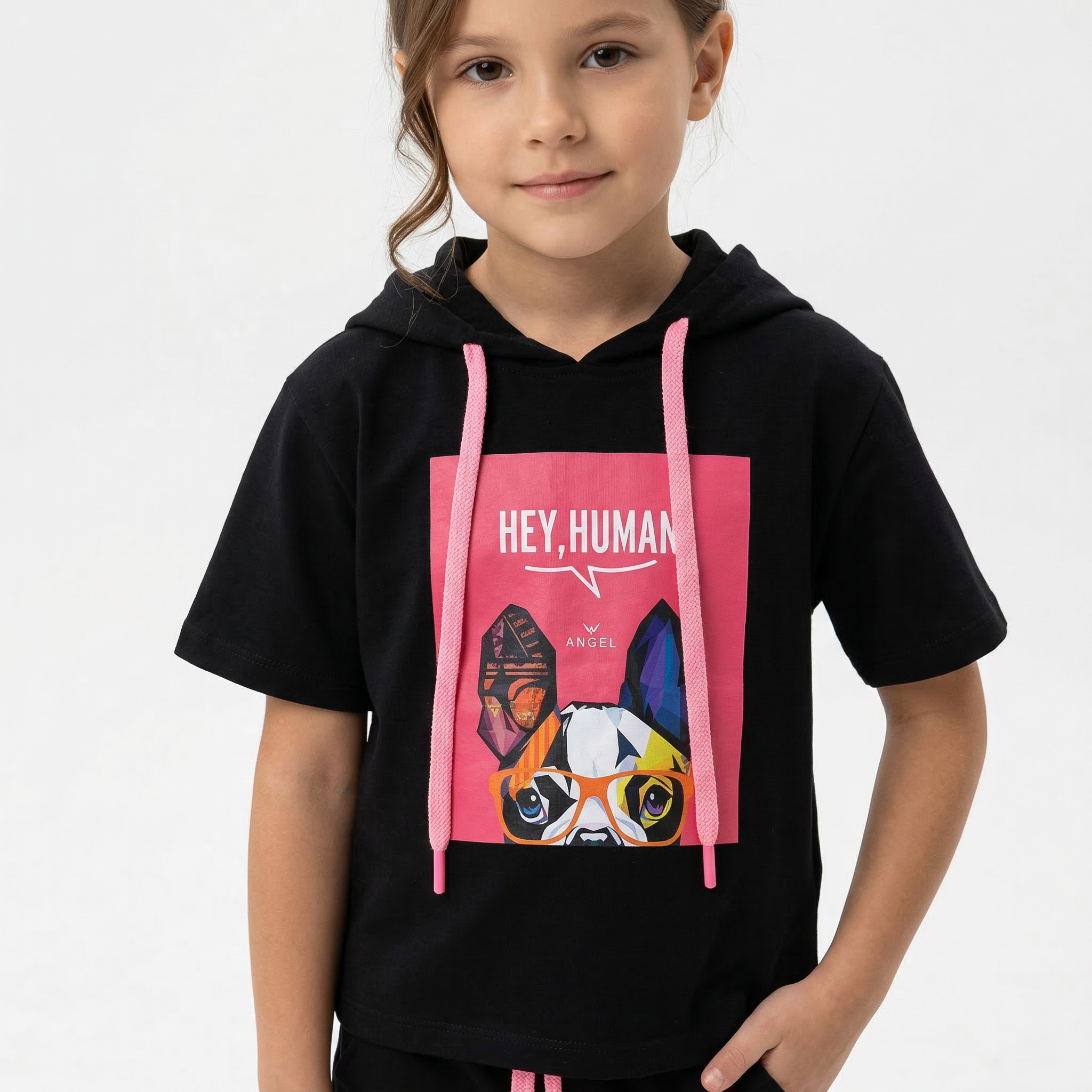 ANGEL HEY HUMAN T-shirt featuring a simple black print on a casual cotton tee, displayed on a white background.