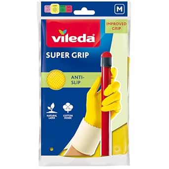 "Vileda Super Grip, Durable Cleaning Gloves, Ideal all household tasks, Anti-slip pattern, Optimum handling and strong grip, Cotton lining, Size M Medium, 1 pair "