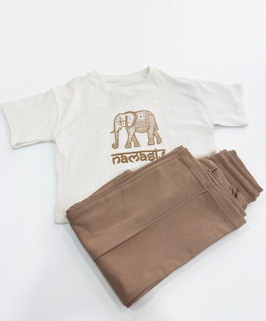 YAYA Namaste H.S & Wide Pant Pajama set featuring a printed top and wide-leg pants in soft fabric.