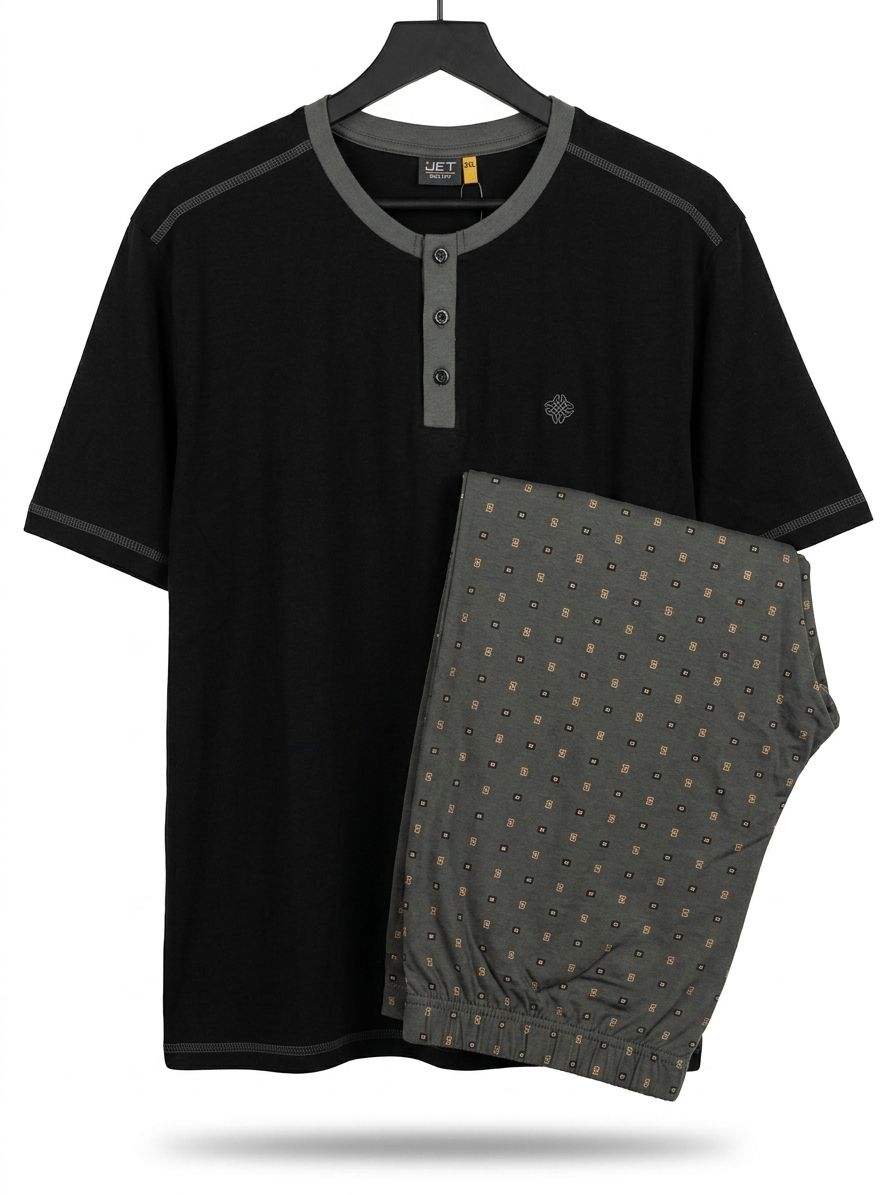 Jet men's summer pajama set with rectangular round neck top, half sleeves, and shorts, ideal for comfortable lounging.