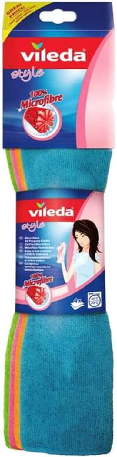 "Vileda 06694-31-2-231 Multi-Purpose Cloths for Glass, Bathroom, Kitchen, Furniture, Microfibre, Assorted Colours, XL, 36 x 34 cm, 4 Pieces"