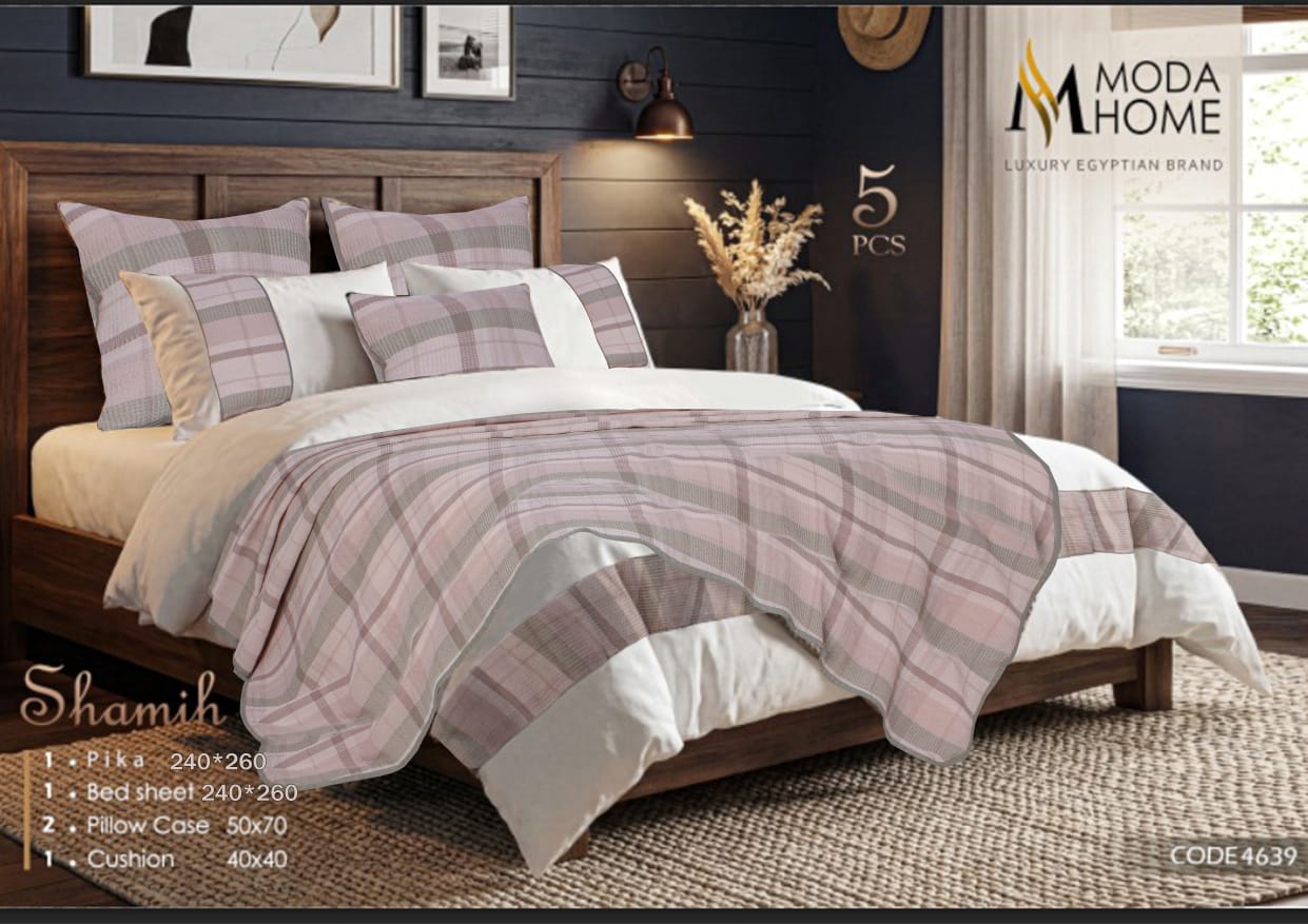 MODA HOME Shamiya 5-piece checkered coverlet set with matching pillow covers in black and white, 240x260 cm size.