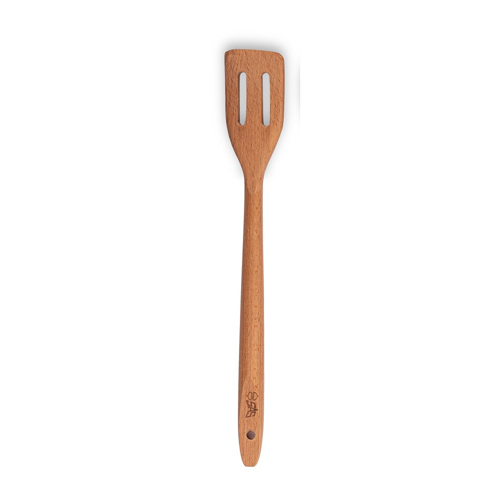 Joy Woodslotted wooden spatula with perforated design, ideal for cooking and stirring in the kitchen.