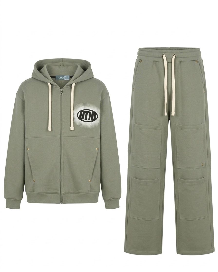Sotra Dreams Never Dies hoodie set featuring a stylish black hoodie and matching sweatpants on a model.