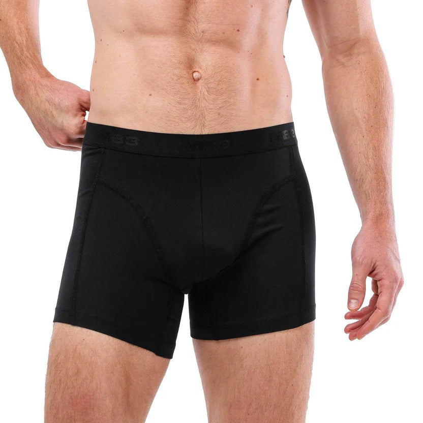 Men's MB3 Lycra Boxer Briefs featuring a comfortable fit and sleek design, shown in a close-up of the black fabric.
