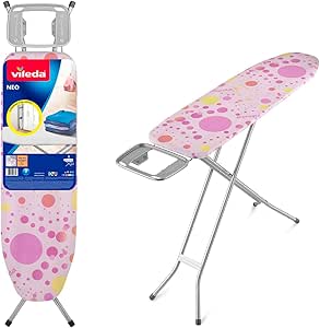 "Vileda Neo Ironing Board | 100% Cotton Cover | Child-Safety System | Height adjustable up to 90cm - Pink (114 x 33 x 90 cm) "
