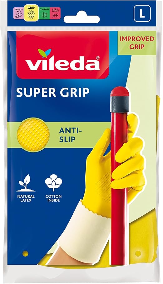 "Vileda Super Grip Reusable Gloves L, Flexible, Waterproof Rubber Latex, Tear-Proof, Excellent Grip, L Size, Yellow (1 Pair Per Pack) "