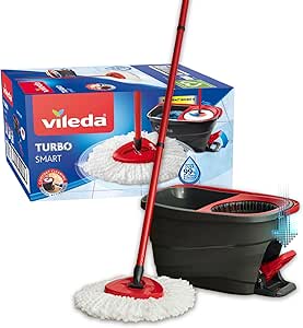 "Vileda Turbo Smart floor mop bucket set with foot pedal activated spinning wringer | 3-Piece Handle 123 cm | floor mop with spinning wringer | microfibre mop head | deep cleaning with less effort"