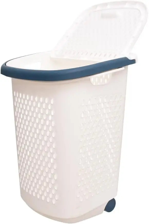 Aksa Laundry Basket with Lid and Wheels - White - Hussein Youssef