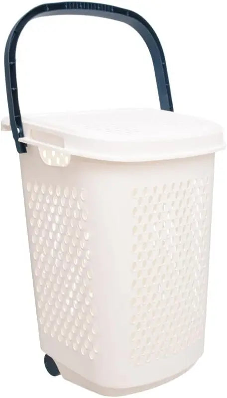Aksa Laundry Basket with Lid and Wheels - White - Hussein Youssef