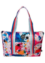 Colorful blue tie dye and splashing paint design on fabric by CUBS, showcasing vibrant pattern and artistic style.