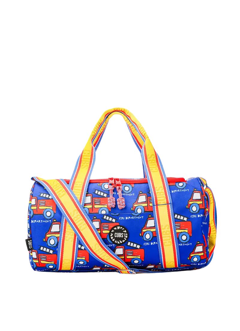 Cubs Fire Truck Medium Duffel Bag with handle and zipper, durable fabric, designed for travel or gym use.