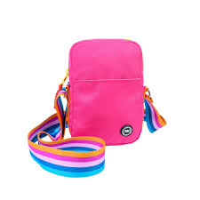 Cubs crossbody bag in fuchsia and yellow with adjustable strap and zip closure, stylish and vibrant accessory.