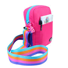 Cubs fuchsia and baby blue crossbody bag with adjustable strap and zipper closure, stylish accessory for casual wear.