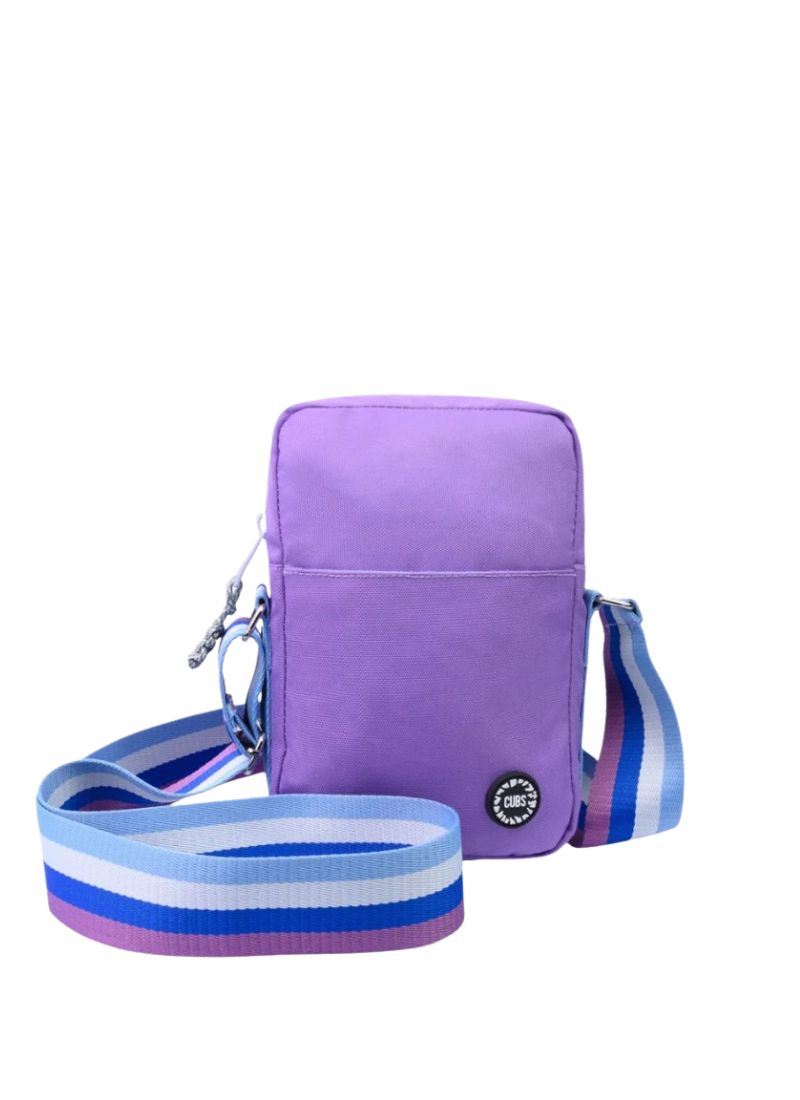 Cubs lilac and grey cross body bag with adjustable strap and zippered compartments, stylish and practical accessory for everyday use.
