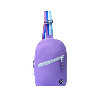 Cubs lilac and grey sling front zipper backpack with adjustable straps and front zipper pocket, made of durable fabric.