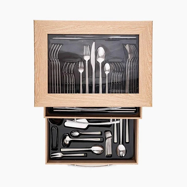 ZINNIA 86-piece premium cutlery set with elegant stainless steel flatware for dining, including knives, forks, and spoons.
