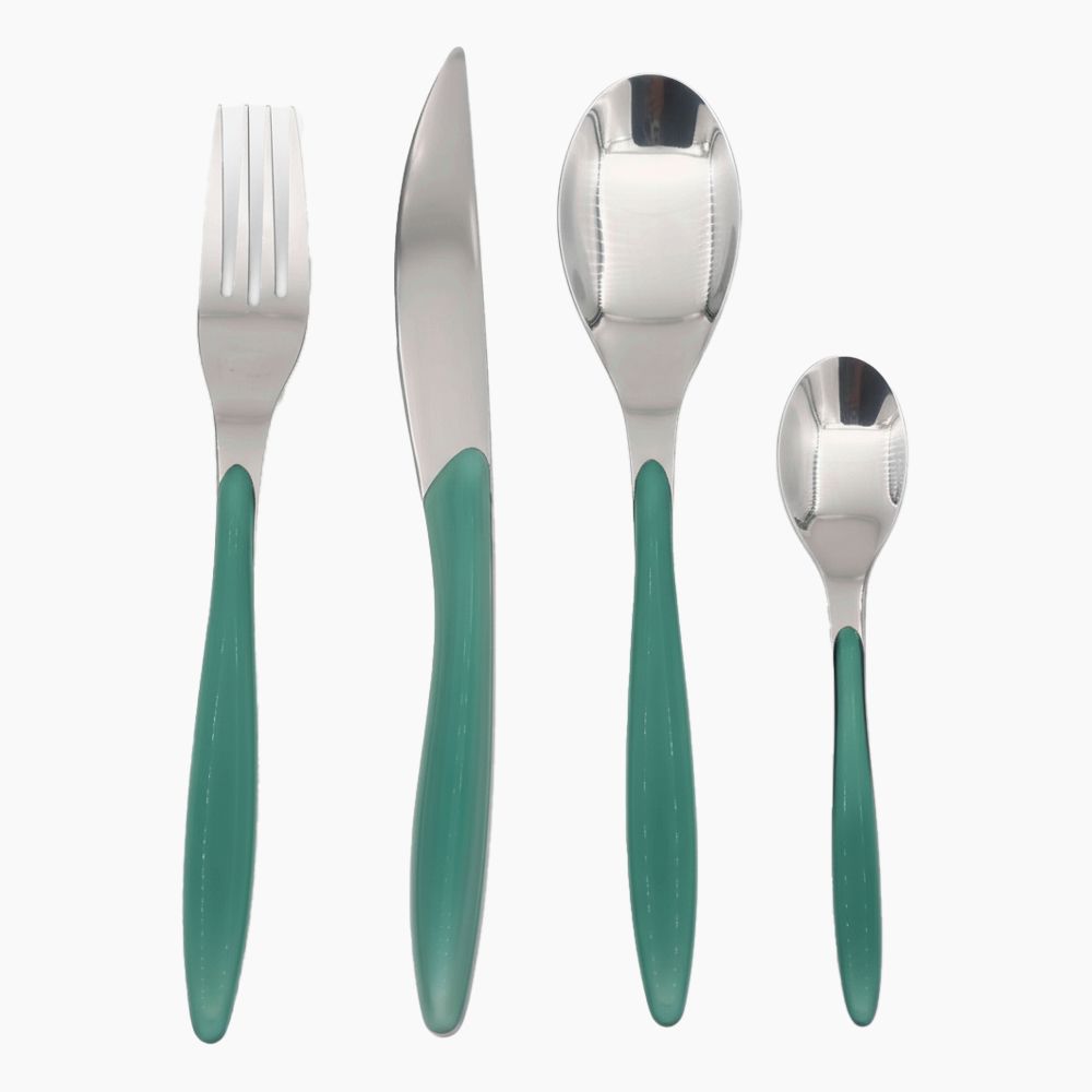 ZINNIA 24-piece cutlery set with forks, spoons, and knives displayed on a table with a neutral background.