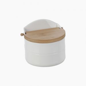 ZINNIA salt shaker with wooden lid, ceramic container for salt, with a sleek and natural design.