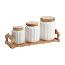 ZINNIA 3-piece glass jar set with wooden lids and holder, clear glass jars for storage and organization.