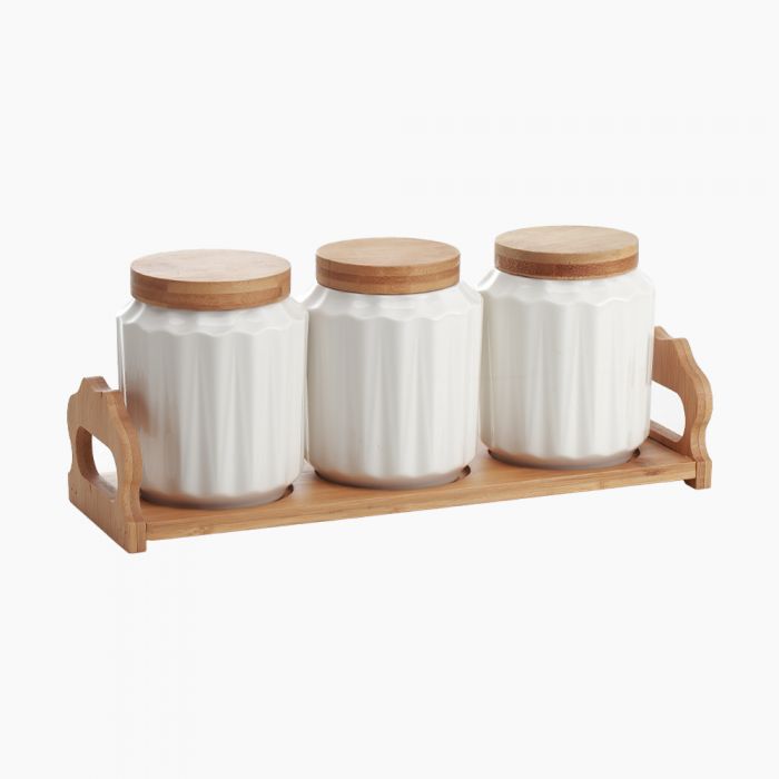 ZINNIA 3-piece glass jar set with wooden lids and holder, showcasing clear glass jars with natural wood accents for kitchen storage.