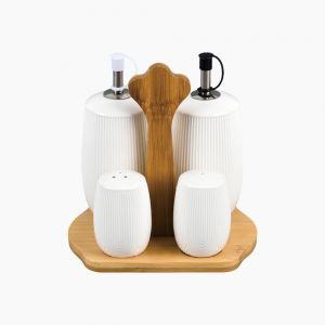 ZINNIA set of 2 oil and vinegar bottles with salt and pepper shakers on a white background