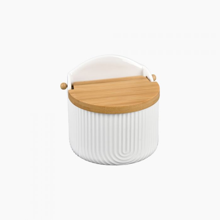 ZINNIA salt container with wooden lid, ceramic bowl for salt storage, natural wood cover on a white background