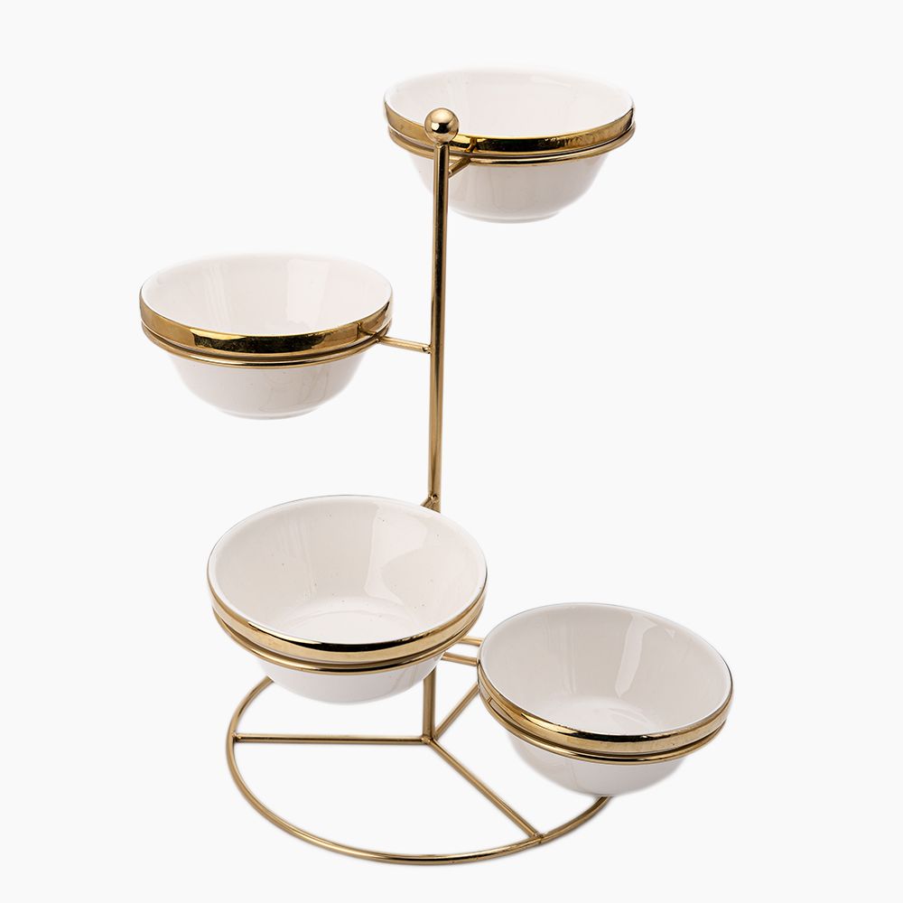 Rosa / Porcelain ( Gold PVd Nuts serving set 4 bowls with stand ) - Hussein Youssef