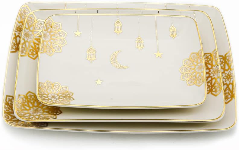 Rosa Golden Decorations Porcelain Tray Set, 3 Pieces With Durable Material For Home