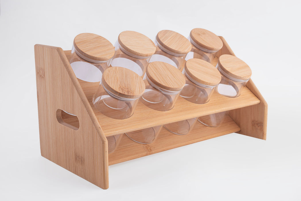 9 Piece Glass Spice Set on Wooden Stand