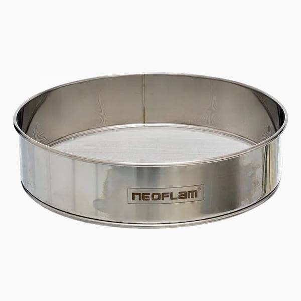 Neoflam round flour and sugar sifter in a white plastic food container with a mesh filter for baking.