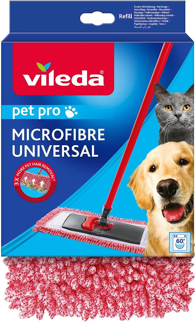 "Vileda Pet Pro Mop Cover Replacement Cover for All Mop Floor Mops, Eliminates 3 Times More Pet Hair, 100% Microfibre, Easy Replacement, For All Hard Floors, Machine Washable"