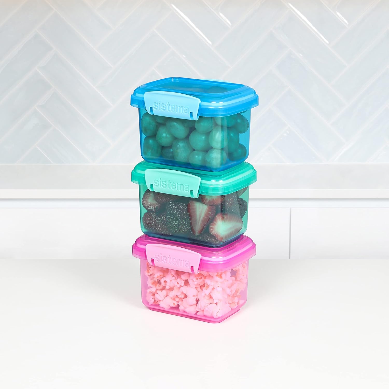 " Sistema 3-Piece Food Storage Containers with Lids for Lunch, Meal Prep, and Leftovers, Dishwasher Safe, 1.6-Cup, Blue/Green/Pink "