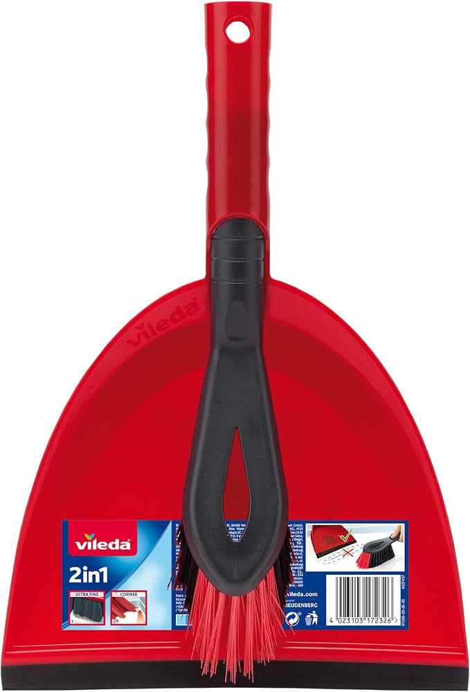 "Vileda 2 in 1 Dustpan Set, 14 x 14 x 34.6 cm, Red"