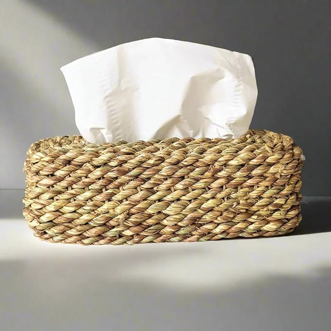 " Halfa Facial Tissue Box Cover, Natural Woven palm fronds, Rectangular Tissue Holder "