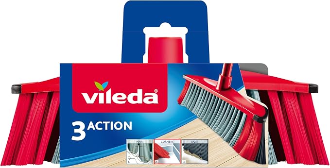 "Vileda - 3 action Indoor Floor Broom With Stick, Three Different Types Of Fibers, Powerful Bristle, Versatile Rubber Broom, Lightweight, Red & Black, 30 x 6 x 139"