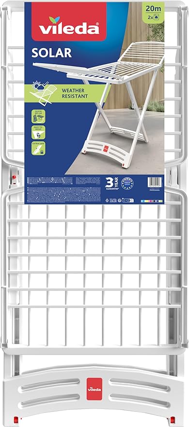"Vileda Solar Laundry dryer, suitable for Indoor and outdoor uses, hanging space for 20 meters, lightweight, and Easy to install with transport wheels"